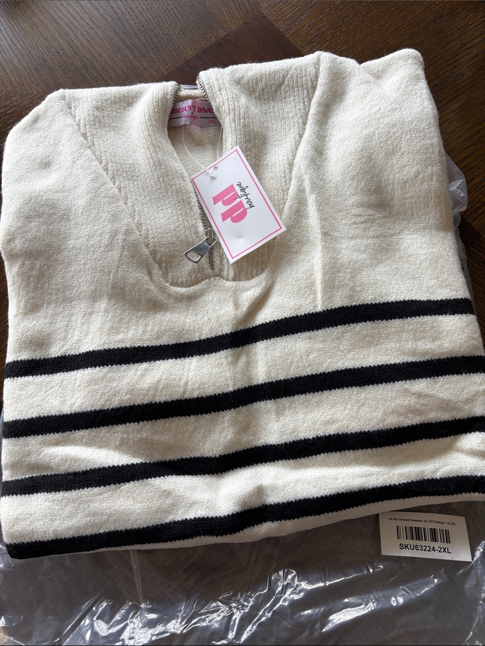 V-Neck Striped Sweater - Cream with Black Stripes